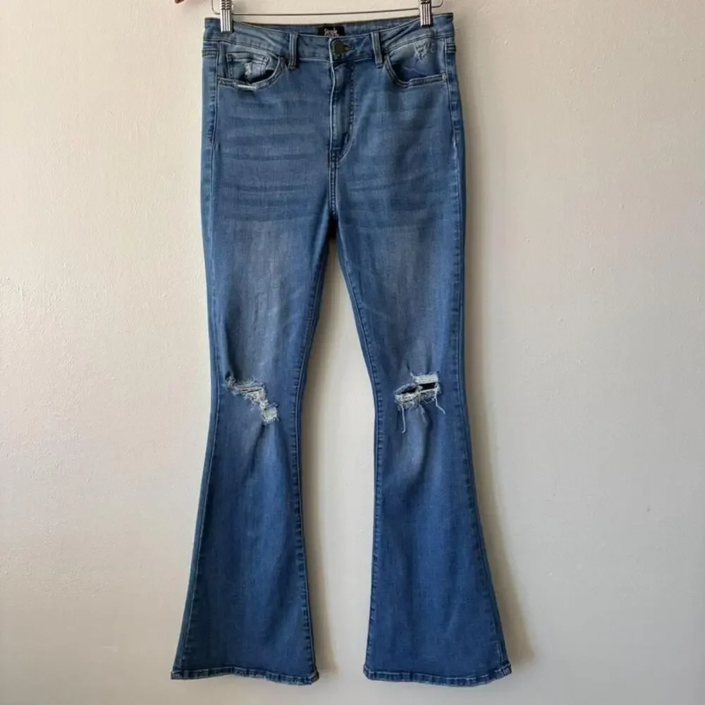 Simple Society Sneak Flare Jeans Women Size 9 Blue Distressed Knee High Rise Y2K - Picture 1 of 8